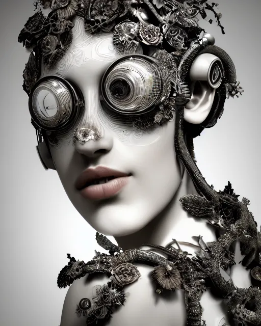 Image similar to mythical dreamy black and white organic bio - mechanical spinal ribbed profile face portrait detail of translucent steampunk beautiful female angelic - human - queen - vegetal - cyborg, highly detailed, intricate crystal ivy jelly ornate, poetic, translucent roses ornate, 3 d render, digital art, octane render, 8 k artistic photography, photo - realistic, by dora maar