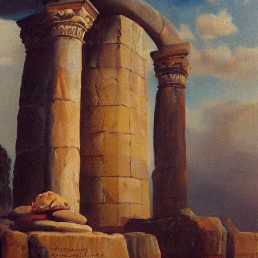 Prompt: “oracle of delphi and the omphalos stone, oil painting”