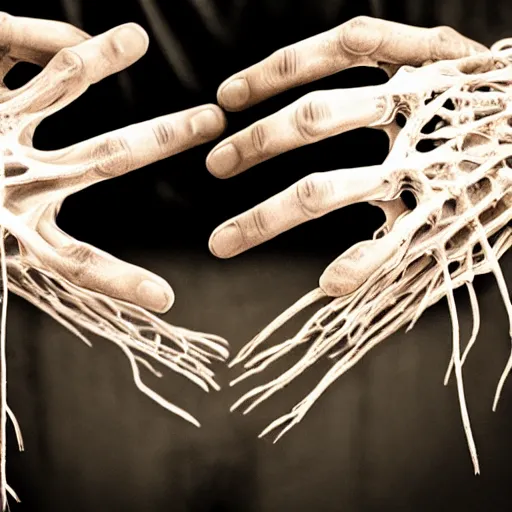 Prompt: hands of skin and wires holding bones