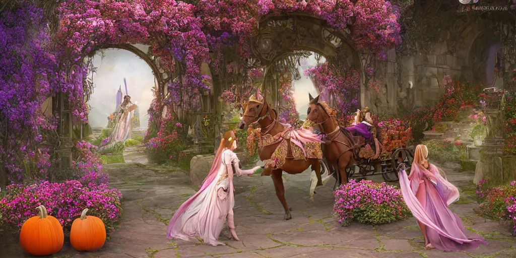 Prompt: fairytale princess entering the gates of her majestic palace of flowers , with horse driven , carriage made of pumpkins , epic scene unreal render depth focus hyperrealistic detail Star Wars mucha fantasy art behance