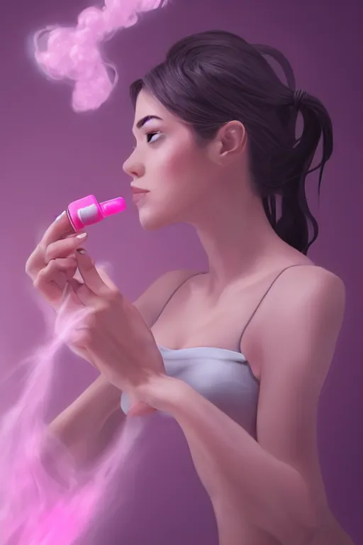 Image similar to Beautiful, Cute Woman Breathing Through a Handheld Pink Vapor Inhaler, side view, fantasy, magic, ultra detailed, digital art, trending on artstation, illustration