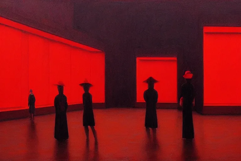 Image similar to only with red, crowd delirious at the sight of a painting, in a city square, in the style of beksinski, parts by edward hopper, parts by rodcenko, parts by yue minjun, intricate and epic composition, red by caravaggio, insanely quality, highly detailed, masterpiece, red light, artstation, 4 k