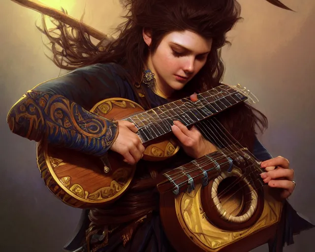 Image similar to photography of a bard with an axe guitar 8 k, deep focus, d & d, fantasy, intricate, elegant, highly detailed, digital painting, artstation, concept art, matte, sharp focus, illustration, hearthstone, art by artgerm and greg rutkowski and alphonse mucha