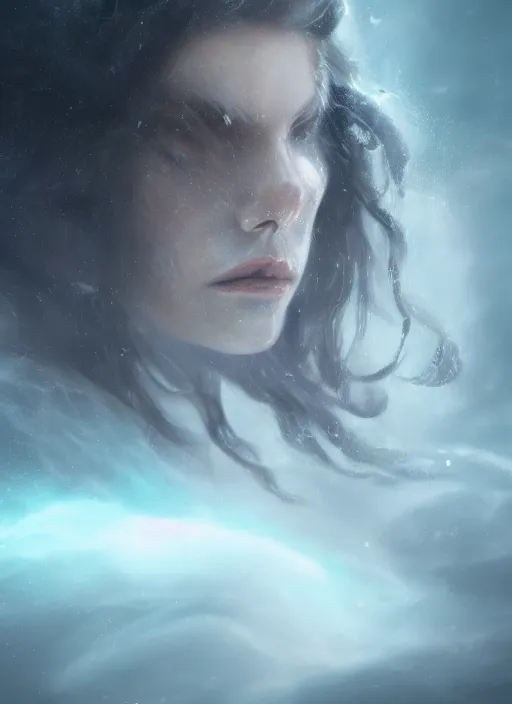 Prompt: a close up portrait of a creepy sea witch with dark turbulent skies and lightning, photorealistic, by jessica rossier, 4 k resolution