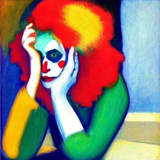 Image similar to “ sad clown in the pose of stanczyk by edward hopper ”