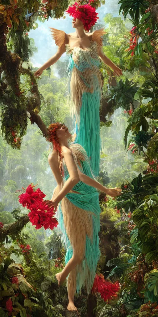 Prompt: anthropomorphic macaw woman wearing a flowing samba inpsired white and mint colored paper dress, background amazon jungle made of paper, paper Bougainvillea, ethereal, fantasy, Lawrence Alma-Tadema, James Jean, oozium, peter morbacher, angelarium, alchemy, luxury, heavenly light, Soft illumination, Trending on artstation, Cinematic Lighting, very detailed, 3D, octane render, artgerm