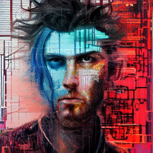 Prompt: hyperrealistic portrait of a cyberpunk man, long hair, by Guy Denning, Johannes Itten, Russ Mills, glitch art, hacking effects, glitch effects, digital visor, digital tech effects, cybernetics, detailed lines, chromatic, color blocking!, oil on canvas, front view, front facing, highly detailed, symmetrical, octane, concept art, abstract, blue and black, 8k, cinematic, trending on artstation