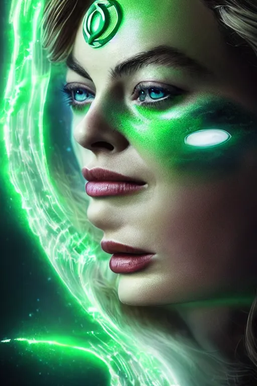 Image similar to majestic and regal portrait of margot robbie female green lantern, dc universe, perfect face, beautiful, intricate, epic, elegant, fantasy, highly detailed, digital painting, hard focus, beautiful volumetric lighting, epic light, ultra detailed, by leesha hannigan, ross tran, thierry doizon, kai carpenter, ignacio fernandez rios