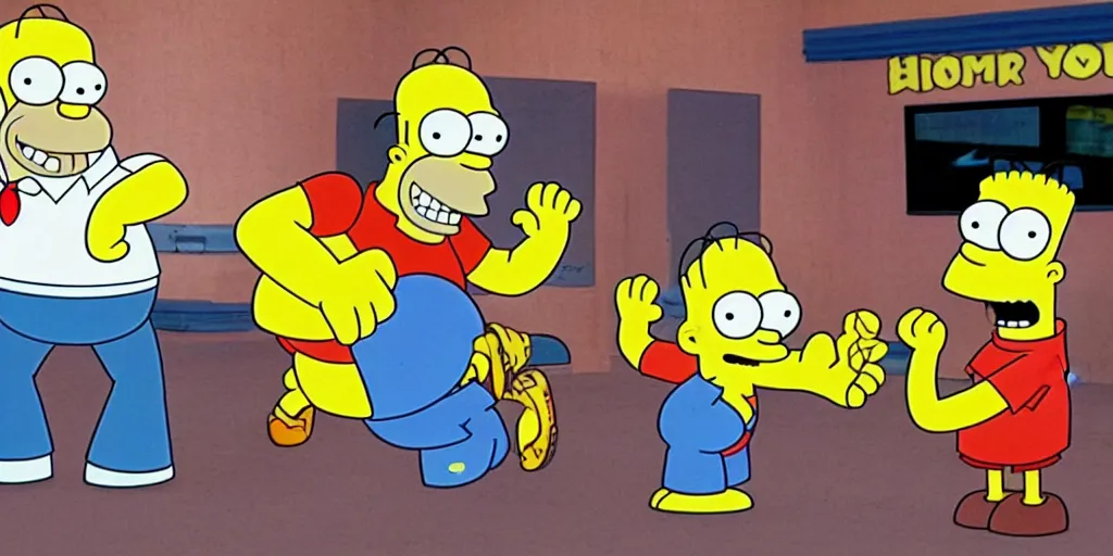 Prompt: sponge bob boxing with homer simpson