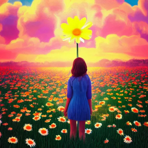Prompt: full body daisy flower head girl standing in a flower field, her head is hidden behind the huge daisy flower,. surreal photography, sunrise, dramatic light, impressionist painting, colorful clouds, digital painting, artstation, simon stalenhag