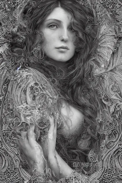 Image similar to An extremely beautiful pre-raphaelite intricate ultradetailed ornate portrait of a very beautiful elegant witch, regal, digital art painting, smooth, sharp focus, magazine art cover illustration, award winning picture, extremely detailed masterpiece, sense of awe, featured on Artstation, Artgerm, ethereal bubbles, Aetherpunk, atmospheric lightning, backlit, concept art, Exquisite matte painting, floral details, 8K detail post-processing