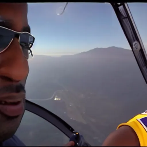 Image similar to selfie of kobe bryant in a helicopter, smoke around him, 8k resolution, amazing detail, shot in the air