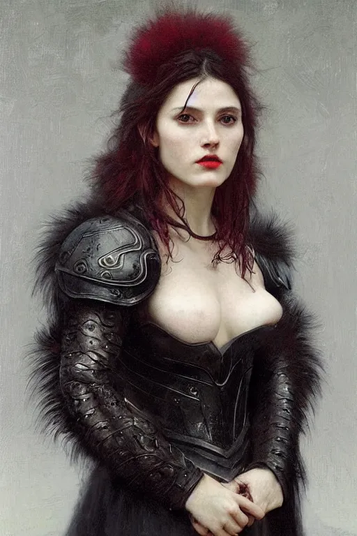 Prompt: portrait of a warrior, amazon, slav, very beautiful face, pleasant facial features, red lips, long snow - white hair, black closed velvet dress, leather armor, iron armor, white boots, fur, clothes alexander mcqueen very beautiful style, photorealism, bouguereau, edgard maxence
