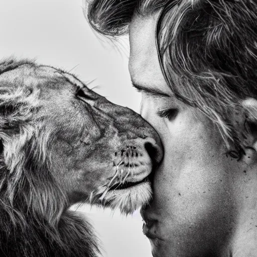 Prompt: a photography of a lion skull kissing a young male human skull, detailed, 4k