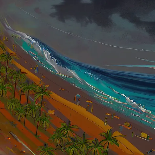 Prompt: birds eye view of a large tsunami hitting a largely populated city from the beach, digital painting, dramatic