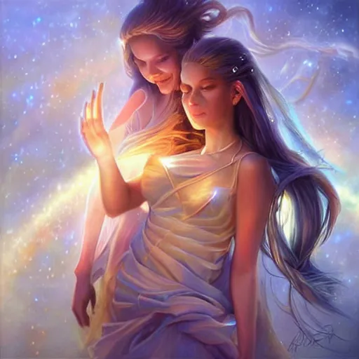 Prompt: a beautiful hyperrealistic fantasy art piece of beautiful glowing spirits lifting, positive emotion, loving, encouraging, by john kirby artgerm and holosomnia