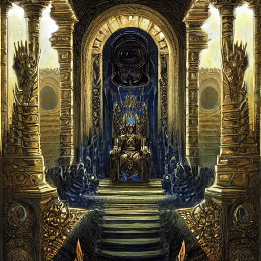 Image similar to the throne room of the ancient void god, fantasy art by Donato Giancola and James Gurney, digital art, trending on artstation