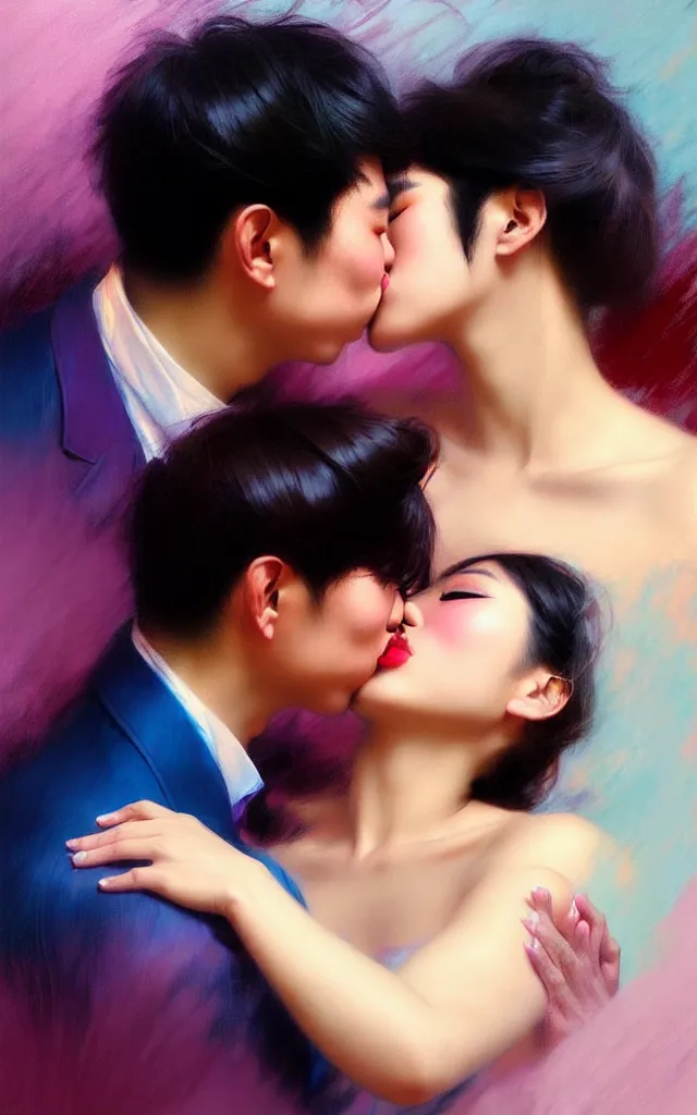 Image similar to photography of asian couples kissing each other, deep focus, volumetric light, colourful, sharp, detailed, digital painting by rolf armstrong, jeremy lipkin and michael garmash, rob rey and kentaro miura style, pinterest behance top picks