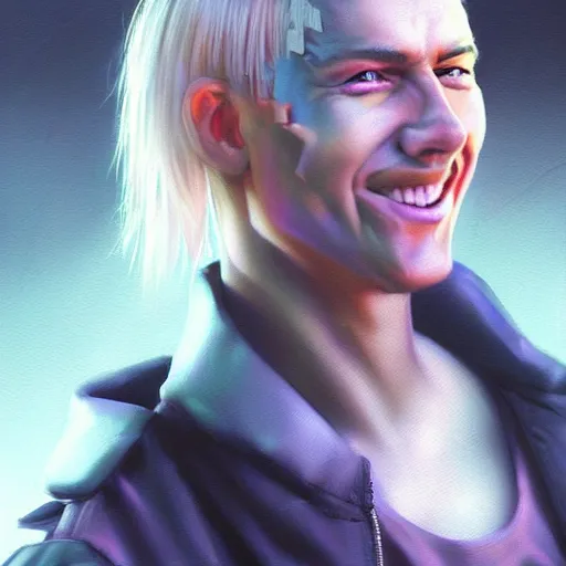 Image similar to cyberpunk, closeup portrait of a cyberpunk entertainer, blond hair, grey eyes, sadistic smile, delicate jaw, dramatic light, city background, sunset, dystopian setting, high contrast, sharp, neuromancer, peter riviera, painted by stanley lau, painted by greg rutkowski, painted by stanley artgerm, digital art, trending on artstation