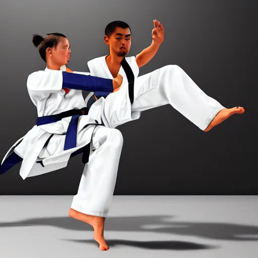 Image similar to hyperrealistic image of martial artist in uniform doing kata