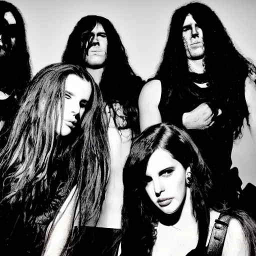 Prompt: photo of lana del rey in a black - metal band