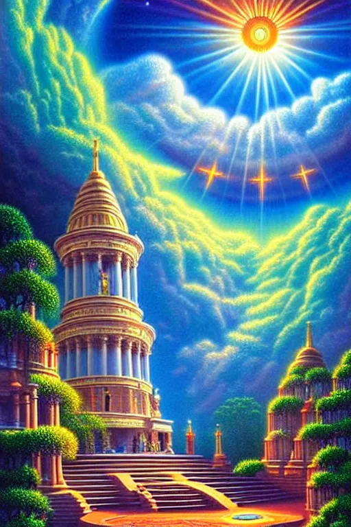 Prompt: a photorealistic detailed cinematic image of a beautiful vibrant iridescent future for human evolution, spiritual, divinity, beautiful, attain enlightenment, cumulus clouds, ornate spiral stairs, isometric, by pinterest, david a. hardy, kinkade, lisa frank, wpa, public works mural, socialist