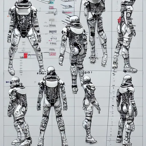 Image similar to character sheet of Astronaut from Kojima Productions by Yoji Shinkawa with Artgem and Glenn Fabry, trending on Artstation concept arts