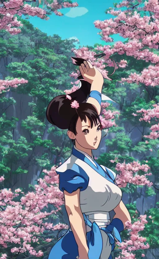 Prompt: an ultrawide photo of chun li standing in front of sakura trees, studio ghibli concept art, detailed face, beautiful face, beautiful eyes, beautiful lighting, hdr, 4 k