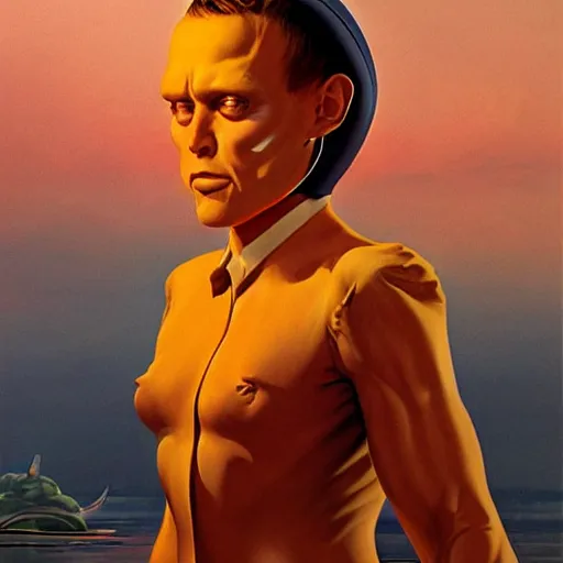 Image similar to unsettling rubbery mutant with thin lips and suspicious expression, wearing science fiction ss uniform by science fiction docks at sunset, by boris vallejo, deak ferrand, and greg rutkowski