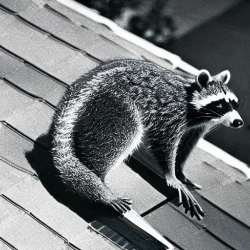 Image similar to 1 9 6 8 national geographic, raccoon on roof, backlit,