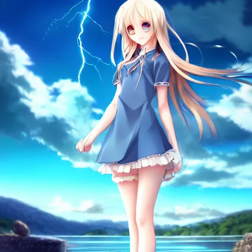 Image similar to a very beautiful anime cute girl, full body, long wavy blond hair, sky blue eyes, full round face, short smile, fancy top, miniskirt, front view, summer lake setting, cinematic lightning, medium shot, mid-shot, highly detailed, cinematic wallpaper by Stanley Artgerm Lau