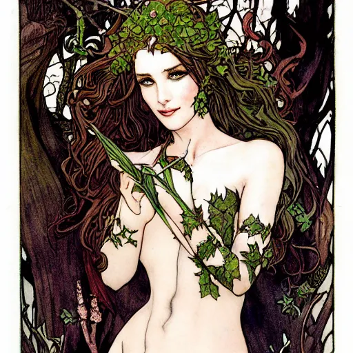Image similar to a beautiful and detailed magic the gathering card of a seductive poison ivy as a dryad, fantasy, d & d, dark eyeliner, intricate, elegant, highly detailed, digital painting, artstation, concept art, matte, sharp focus, illustration, art by rebecca guay and by arthur rackham and by alphonse mucha and by john william waterhouse