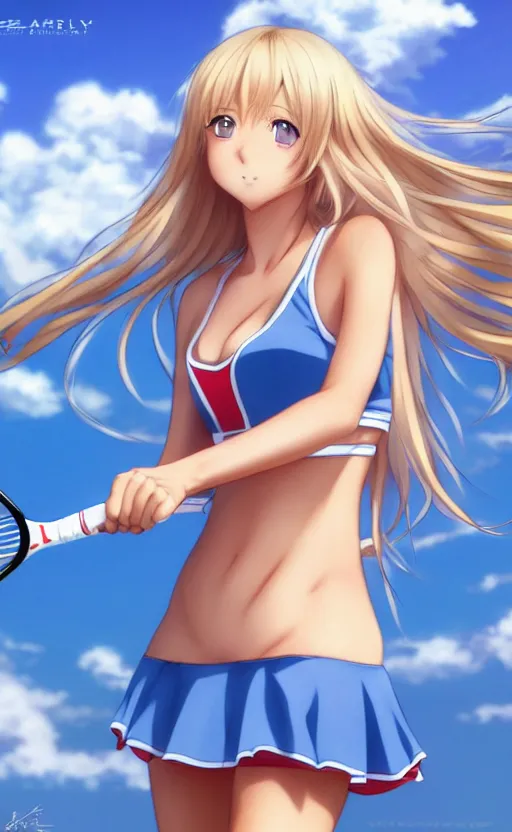 Image similar to a very beautiful young anime tennis girl, full body, head, long wavy blond hair, sky blue eyes, full round face, short smile, bikini, miniskirt, front view, mid - shot, highly detailed, cinematic wallpaper by stanley artgerm lau