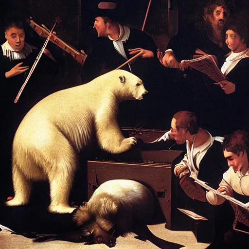 Image similar to a painting of a polar bear directing orchestra at the theatre by Caravaggio