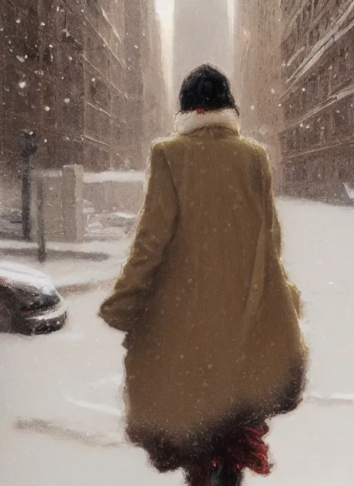 Prompt: back of emma stone in beige coat, walking into new york apartment building in winter, snow, artwork by gaston bussiere, craig mullins, trending on artstation