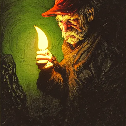 Image similar to an angry, grimy, dirty, grumpy [ old ], miner elf ( with red hat and a glowing latern ) in a pitch black mine, looks into the camera. angry kubrick stare, low key lighting, high contrast, theatrical, fairy tale illustration, character concept art by ivan bilibin, gustave dore and marc simonetti