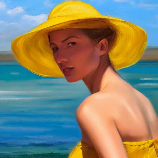 Image similar to beautiful oil matte portrait painting, young woman with red dress and mustard yellow summer hat at a beach on a sunny day, wonderful masterpiece highly detailed, beautiful cinematic light deep focus, elegant, digital painting, smooth, sharp focus, golden ratio, dramatic illumination, ultra realistic, 8 k, art by jenny saville