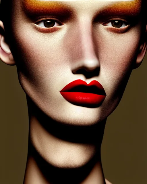 Image similar to woman, thin long nose, medium lips, wheat hair, close - up, high sharpness, zeiss lens, fashionable bruno dayan, erik madigan heck, helmut, karl lagerfel, artistic, hyper - realistic, beautiful face, octane rendering