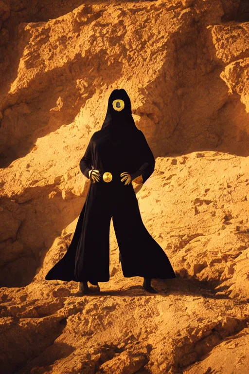 Prompt: levitating bene gesserit with full - face golden mask and glowing eyes in a dry rocky desert landscape, visible sky and sunny atmosphere, fata morgana giant mirrors, black star in the sky by alejandro jodorowsky and christopher doyle, anamorphic lens flares, kodakchrome, cinematic composition, practical effects, 8 k,