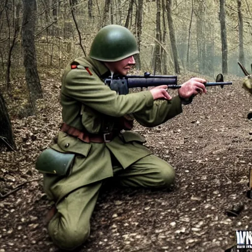 Prompt: ww 2 battlefield encounter in the woods between a german and a soviet soldier