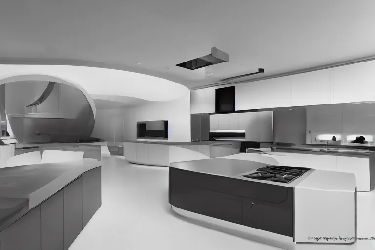 Image similar to futuristic kitchen designed by Apple, XF IQ4, 150MP, 50mm, f/1.4, ISO 200, 1/160s, natural light, Adobe Photoshop, Adobe Lightroom, DxO Photolab, Corel PaintShop Pro, rule of thirds, symmetrical balance, depth layering, polarizing filter, Sense of Depth, AI enhanced