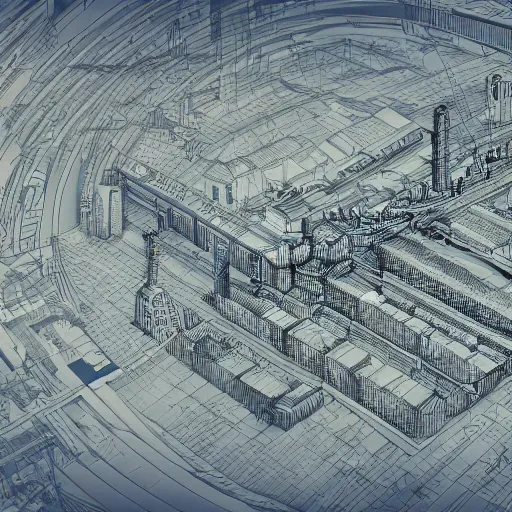 Prompt: tunnel blueprint of a city inspired steampunk coastal city, axonometric exploded view, high detail, 8k, photorealistic