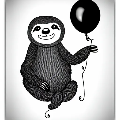 Image similar to book illustration of a sloth holding balloons, book illustration, monochromatic, white background, black and white image