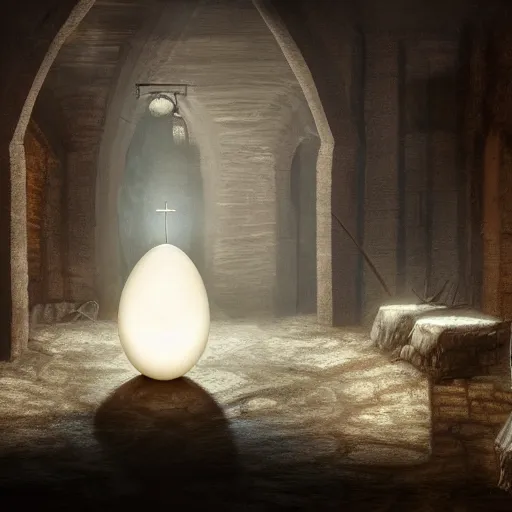 Image similar to holy egg on a pedistal in a dark dungeon. epic lighting, concept art, 8 k, paid artwork, intricate