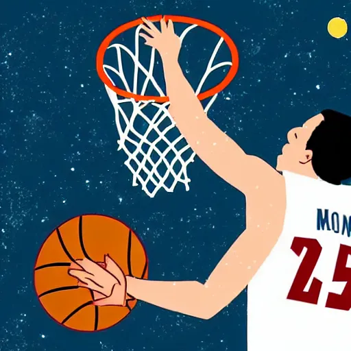 Prompt: a basketball player dunking the moon