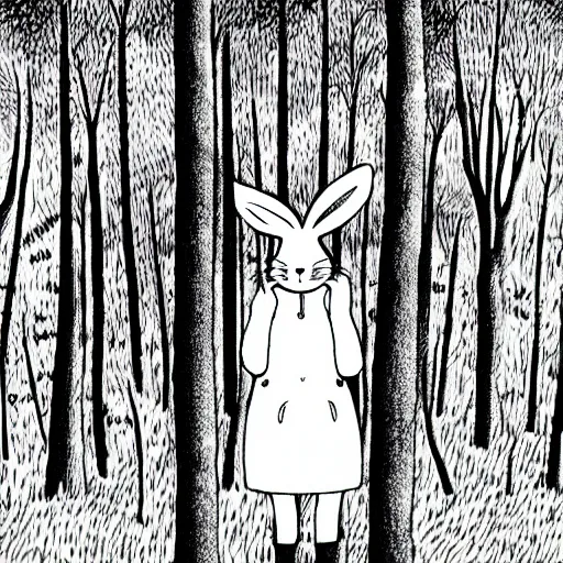 Image similar to a rabbit smoking deep in the forest, black and white illustration, creative design by junji ito