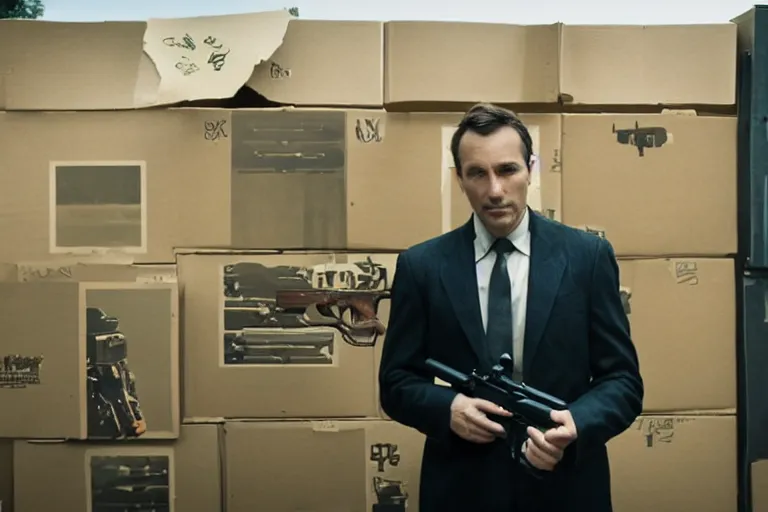 Image similar to cinematography of man in suit selling guns at little cardboard stand in residential neighborhood by Emmanuel Lubezki