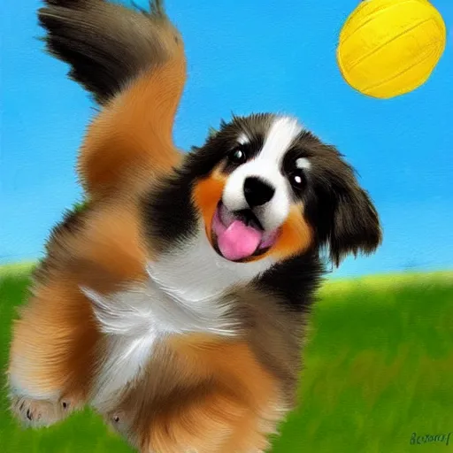 Image similar to children's book style digital painting of an Australian Shepherd puppy jumping in the air to catch a frisbee, very cute