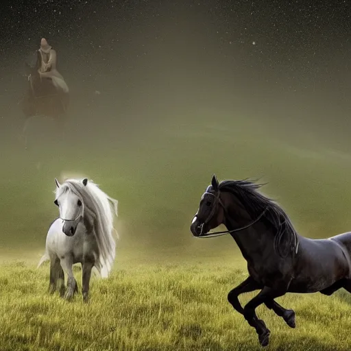 Image similar to a witch transforming people into horses with her magical powers , in a meadow