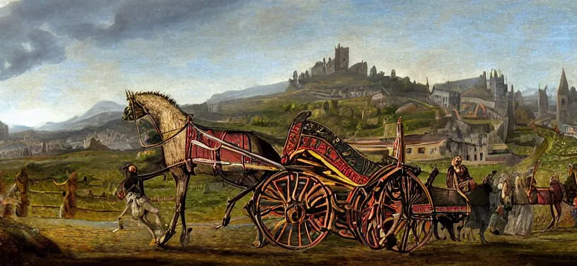 Image similar to a medieval horse - drawn cart, digital art, extreme detail, with the village in the distance